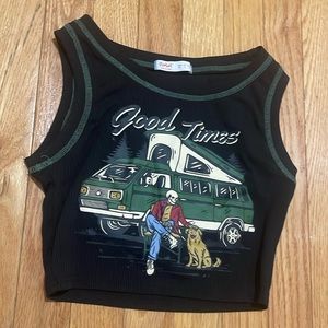 Crop top, black with graphics on the front. Comfortable and barely been used.